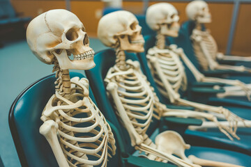 Skeletons sitting in a waiting room. Hospital, clinic, dental office. Waiting kills - obrazy, fototapety, plakaty