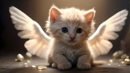 Tiny cat with wings of an angel, wing, cat, animal, angel, pet, baby, happy, cute, kitten, little, lovely, tiny, domestic, small, love, funny, illustration, background, nubes, cosy, group, together, 