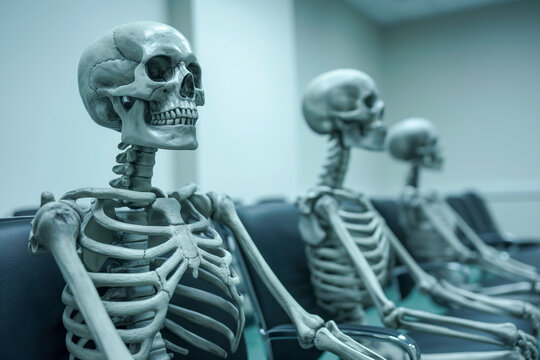 Skeletons sitting in a waiting room. Hospital, clinic, dental office. Waiting kills