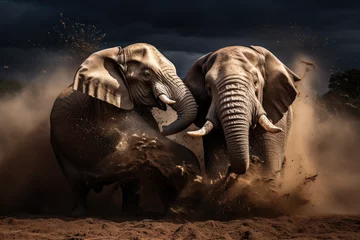 Foto op Plexiglas Aggressive behaviour between male African elephants standing, fighting on dirt savanna desert © ribelco