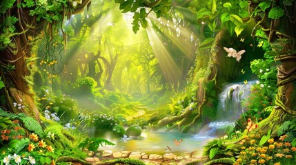  A vivid depiction of a verdant woodland with a meandering brook dividing the lush greenery, brimming with arboreal