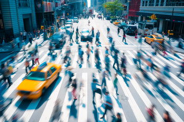 time-lapse of daylight busy urban downtown city crowd people commuter transportation intersection street motion people and car taxi street scene pedestrian city people lifestyle