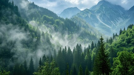 Misty mountainous landscape with lush forests