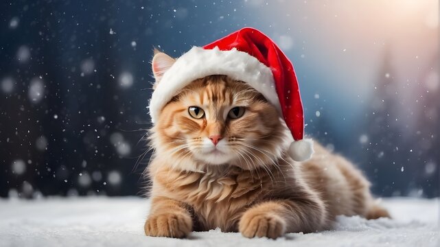A humorous feline sporting a red Santa Claus hat stands against a snow-covered winter scene. Merry Christmas and Happy New Year