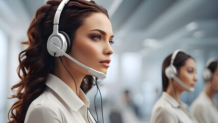 Multiplying a lady wearing a headset with a call center robot concept
