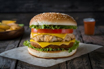 Delicious chicken burger adorned with tomato, cheese, and lettuce