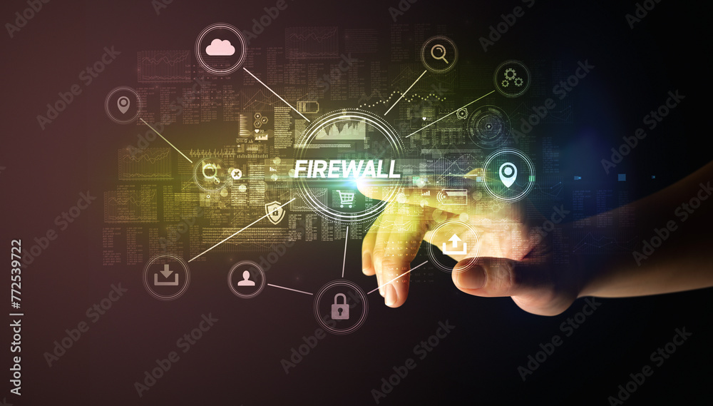 Poster hand touching cybersecurity button