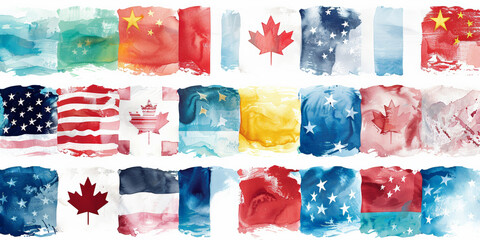 Watercolor Flags from Various Nations Artistically Displayed on Horizontal Canvas - 772539763