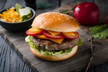 Delicious homemade burger with meat cutlet and fresh vegetables