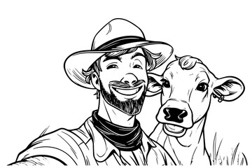 Cow and farmer on the field illustration. Agriculture icon logo vector sketch. - obrazy, fototapety, plakaty