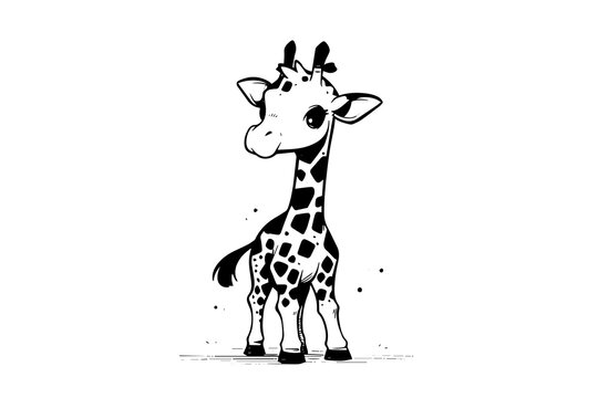 Little baby giraffe with cute face. Black and white vector sketch drawing illustration.