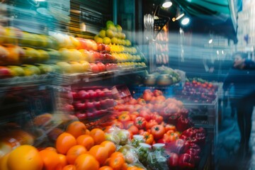 blurred fruits and vegetables street market