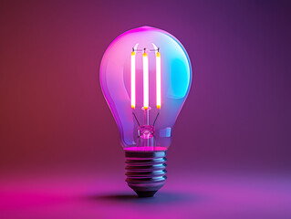 Illuminated light bulb on a purple and pink gradient background. Studio lighting concept. Creative idea and innovation theme for design and banner - obrazy, fototapety, plakaty