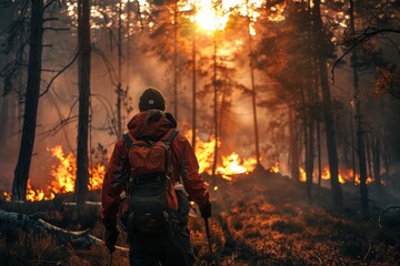 a hiker seen from back looking to a fire in the forest
