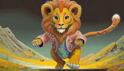 踊るピンクのジャケットのライオン　AI画像　ジェネレーティブAI - obrazy, fototapety, plakaty