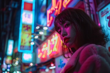 portrait of a korean girl at night of the neon street at the downtown in Tokyo
