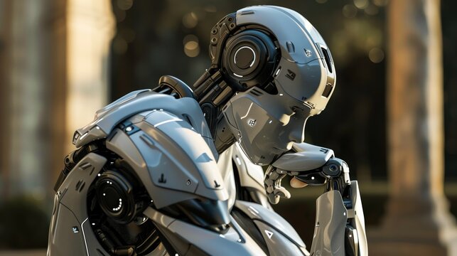 Thinker robot. The cutting-edge robot is deliberating on the best course of action. Humanoid robot seated.
