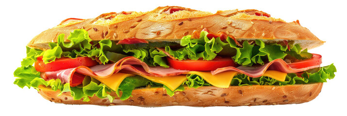 Ciabatta sandwich with lettuce, ham, cheese and tomato isolated on transparent background, clipart, cutout, png.