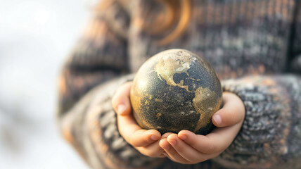 Close Up on a child's hands holding a black and golden planet Earth