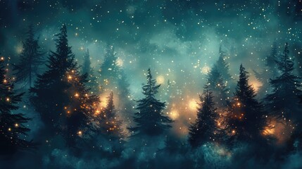 watercolor Magical forest with christmas trees and glowing lights