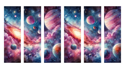 Set of colorful bookmarks – Collection of watercolor bookmarks of illustrations of the cosmos – Printable bookmark design with space theme - obrazy, fototapety, plakaty