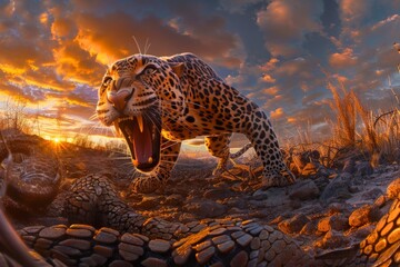 A majestic leopard with its mouth agape in a fierce roar - obrazy, fototapety, plakaty