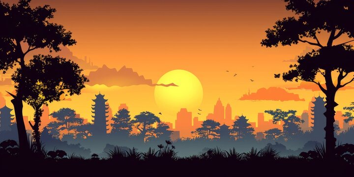 Vibrant Sunset with Sun Casting Warm Glow Over a Forest and Distant City Silhouette