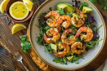 Rustic Gourmet Shrimp and Avocado Salad on Wooden Background