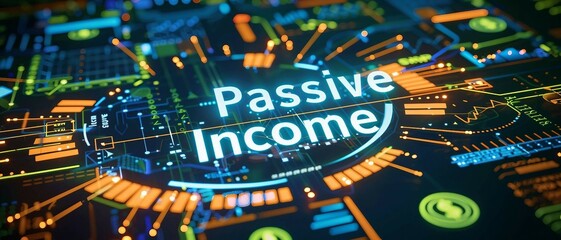 Passive Income text overlay on dark blue background with digital icons representing online income streams. 
 - obrazy, fototapety, plakaty