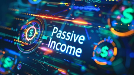 Fototapeta na wymiar Passive Income text overlay on dark blue background with digital icons representing online income streams. 