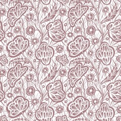 Seamless pattern with an ornament of decorative openwork flowers and lace with cobwebs, hand-drawn graphic pattern, texture. Suitable for interior, wallpaper, fabrics, clothing, stationery. - obrazy, fototapety, plakaty
