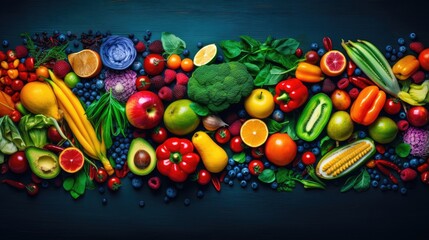 Background of vegetables, fruits and berries. Top view of organic plant products for healthy eating. Bright colorful illustration that awakens your appetite. Illustration for cover or interior design. - 772541796