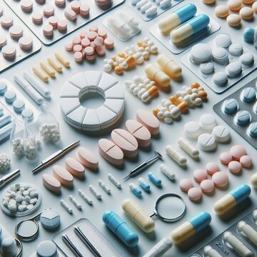 An image featuring various medications and pills neatly organized on a surface. The medications range in different shapes, sizes, and colors.