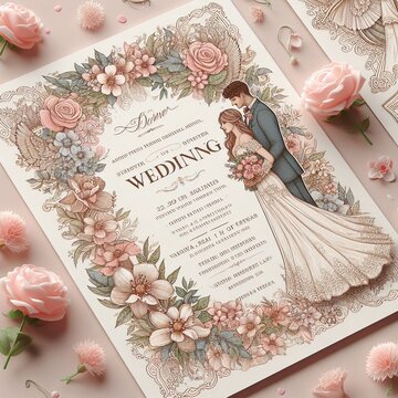 An elegant wedding invitation card featuring intricate floral illustrations and an embedded image showing a bride and groom.