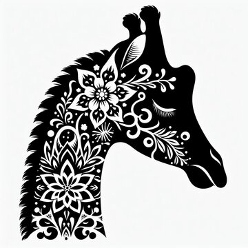 This image captures the silhouette of a giraffe, which is intricately adorned with floral pattern designs. The bending neck and long legs of the giraffe are clearly outlined against a backdrop that