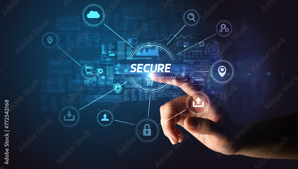 Poster hand touching cybersecurity button