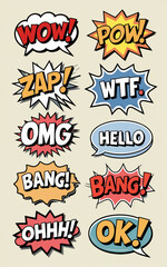 A compilation of brightly colored comic book style sound effect bubbles featuring a variety of...