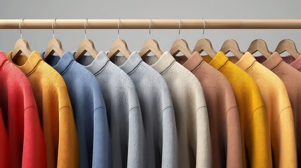 Different colored clothes on hangers on a wardrobe rack on a colored background Generated by Ai