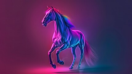 Volumetric figure of a horse glowing with neon light. The hoofed animal is running fast. Illustration for cover, card, postcard, interior design, banner, poster, brochure or presentation.