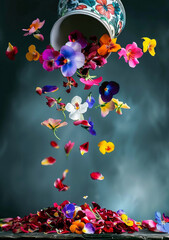 Colorful flowers fly from a vase on a dark background.
