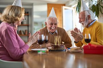 Group of mature friends blowing candles on a Birthday cake during a party at home	