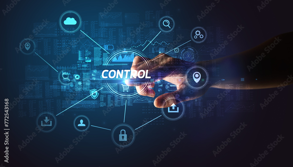 Poster hand touching cybersecurity button