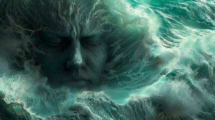 The face is formed by the stormy waves of the ocean or sea. God of water. A fairy-tale character is a waterman. Illustration for cover, card, postcard, interior design, poster, brochure, presentation. - obrazy, fototapety, plakaty