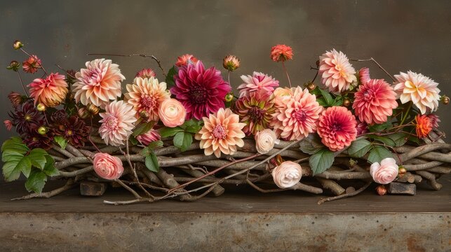 a close up of a bunch of flowers on a table with branches and flowers in the middle of the frame.