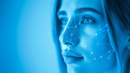 A woman's face with a grid of grids applied on top of it. Concept of cosmetic procedures. Digital facial identification system. Biometric verification. Polygonal mesh facial recognition technology. - obrazy, fototapety, plakaty