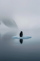 A penguin sitting on an ice floe in the distance, in a foggy atmosphere with snowy mountains and an...