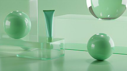 A tube of toothpaste shot, placing the product on a nearby acrylic display with hair glass behind the shelf, the background color is a light green gradient