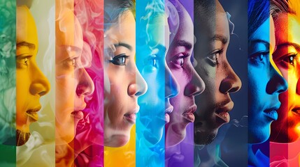 Fototapeta premium Diverse Profiles in Rainbow Colors, an Artistic Display of Human Diversity. Faces in Colorful Hues Showing Unity and Variety. Perfect for Inclusivity Themes. AI
