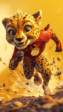 Cheetah character. Running cheetah. Fast cheetah. Cheetah in full sprint. Cut cheetah in red outfit. Superhero cheetah. Fastest cheetah. 3D cheetah character. 3D cartoon cheetah sprinting.
