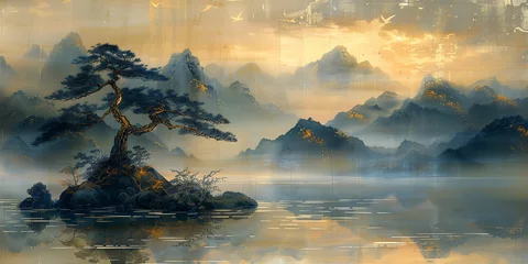 Poster Traditional eastern art. Ink painting. Zen. ancient scroll. Fantasy landscape panorama. Background wallpaper, poster, invitation, flyer, banner, email, header, social media post. Generative Ai content © Evgeniy